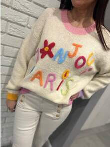 Sweater Rajut Wanita Motif Huruf dan Bunga Warna-warni dari Felt untuk Musim Gugur dan Musim Dingin, Pullover Oversized dengan Trim Kontras untuk Pakaian Kasual Sehari-hari di Kafe - MultiWarna - View 9