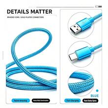 Android手機用USB C快充數據線，USB-C轉Type-C快充線（3.3/6.6/10英尺尼龍編織），兼容三星，手機充電線，C-Type接口充電線，適用於旅行/室內/室外/車充，紫色 - 3pcs黑+藍+紫 - 查看 2