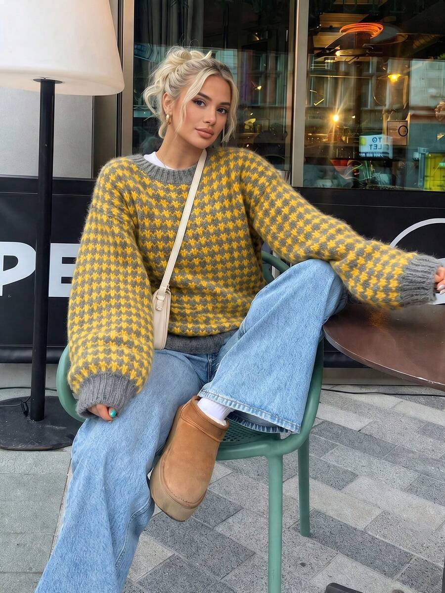 Women Geo‑Jacquard Crew Neck Sweater, Drop‑Shoulder Long Sleeve Oversized Loose Knit Pullover, Casual Fall Daily Top Fall Outfits - Multicolor - View 1