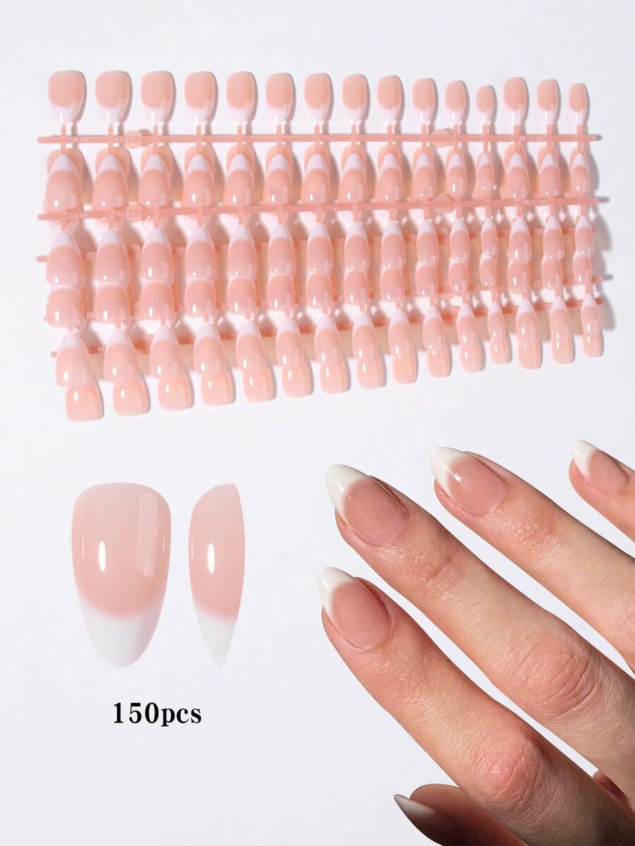 150pcs Short Almond French White Gradient Design Press-On Nails, Acrylic False Nail Set, Includes 1pc Jelly Glue And 1pc Nail File - White - View 1