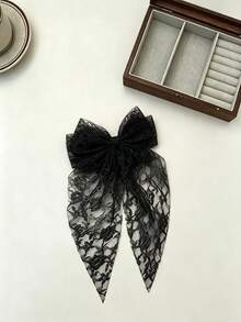 1pc Girls Pink Floral Lace Bow Hair Clip, Long Tulle Tassel Hair Accessory, Suitable For Daily And Party Hairstyles - Multicolor - View 8