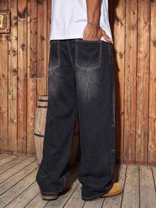 Men's Vintage Faded Wash Gradient Cat Whisker Wide Leg Jeans, Black-Grey Gradient Distressed Washed Contrast Stitching Loose Fit Denim Pants - Black - View 3