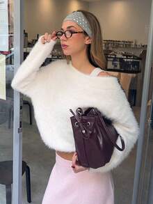 Autumn/Winter Fashion Round Neck Asymmetric Neck Elegant Commute Solid Color Casual Minimalist Short Soft Fluffy Long Hair White Sweater - White - View 1
