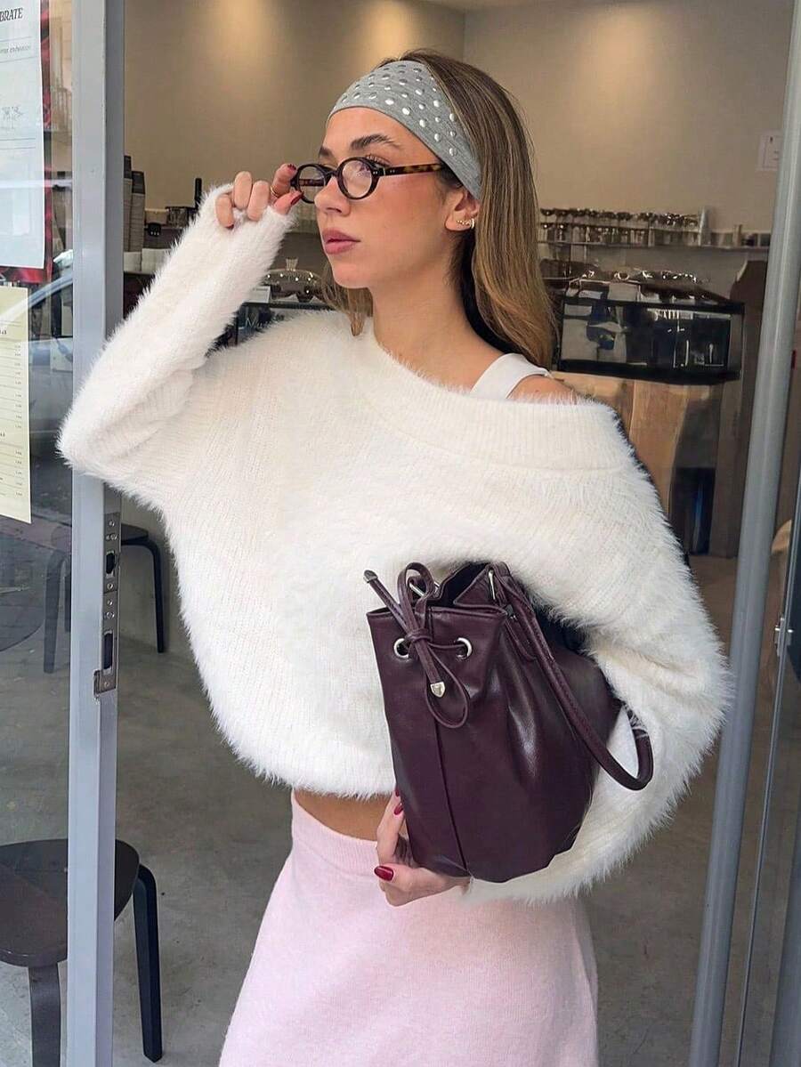 Autumn/Winter Fashion Round Neck Asymmetric Neck Elegant Commute Solid Color Casual Minimalist Short Soft Fluffy Long Hair White Sweater - White - View 1