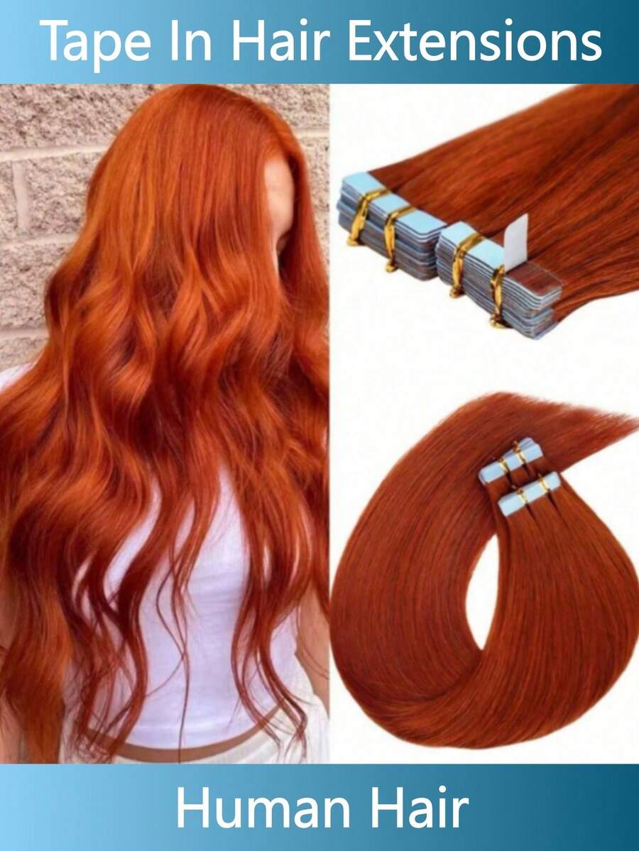 Lsybeauty 20pcs Straight Tape In 100% Remy Human Hair Extension For Salon Multicolor Color Copper Red 33# 16-26 Inches Silk Straight Seamless Skin Weft Hair Extension Tape In Hair Tape Ins Hair Extentions - S33 - 查看 1