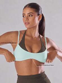 Sodalemon Women's Colorblock 2 In 1 Sports Bra, Adjustable Spaghetti Strap Halter Neck Yoga Fitness Top, Gym Workout Pilates Activewear - Baby Blue - View 1