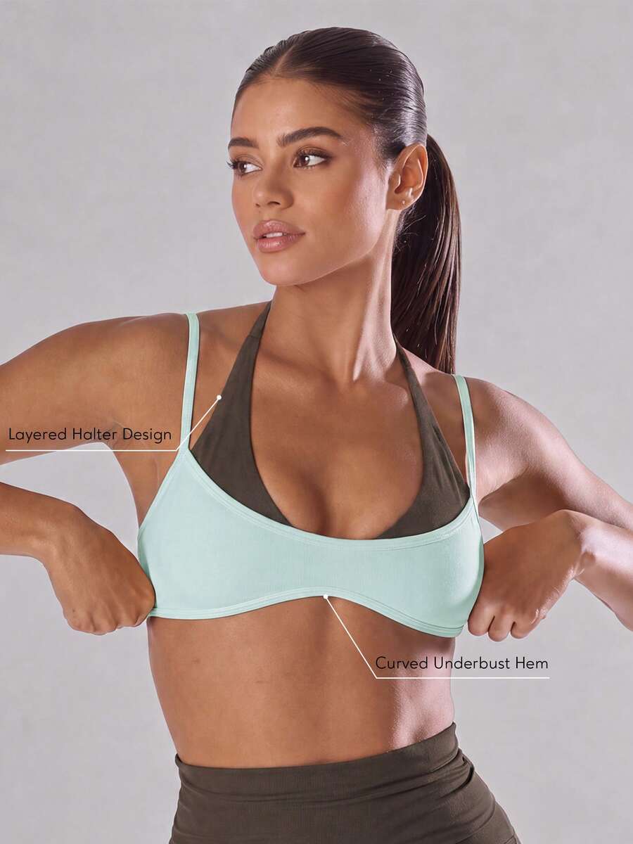 Sodalemon Women's Colorblock 2 In 1 Sports Bra, Adjustable Spaghetti Strap Halter Neck Yoga Fitness Top, Gym Workout Pilates Activewear - Baby Blue - View 1