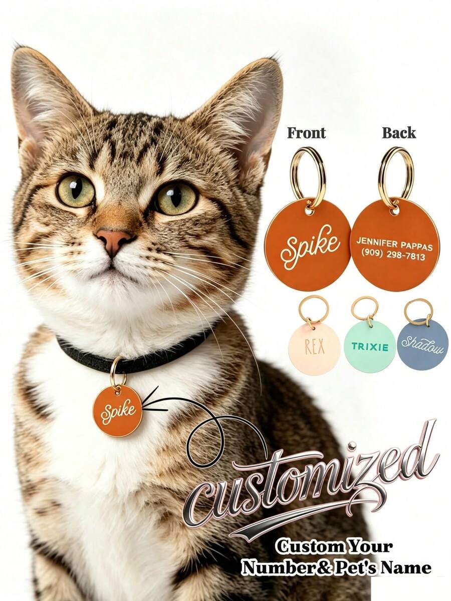 Personalized Round Pet ID Tags, Dog Name Tags And Customized Cat Collar Tags - Double-Sided Customizable, Front Printed With Name, Back Printed With Contact Information