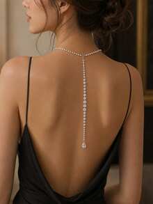 STONEFANS 1pc New Long Tassel Water Drop Back Chain European & American Fashion Bridal Wedding Rhinestone Necklace - Geometric - View 1