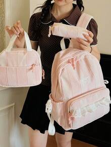 Dedoo 3件組粉色尼龍休閒極簡條紋滿版印花字母拼接荷葉邊絎縫抽繩蝴蝶結舒適肩帶拉鍊大容量可折疊托特包＋筆袋後背包套組（不含吊飾），適合春夏熱銷款，學生使用，可用於校園、通勤、戶外旅行、度假禮物，可收納書本、筆袋、化妝包、化妝盒，居家、禮物、度假 - 粉色 - 查看 4