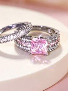 Yayi jewelry 2PCS Women's Princess Square Double-Row Sparkling Rings, Wide Main Ring Paired With Double-Layer Thin Rings, Luxury Style Stackable Rings, Bridal Wedding Rings With Novel Design, Young Girl Engagement Anniversary Gift - Pink - View 10