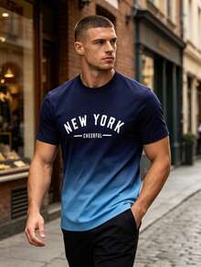黑红渐变“NEW YORK CHEERFUL”字母印花短袖T恤，时尚百搭，吸睛 - 彩色 - 查看 1