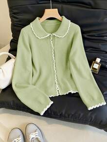 HOMEYEE Women's Soft Contrast Color Wavy Trim Lapel Knit Cardigan, Short Single-Breasted Slimming Petite Versatile Long Sleeve Sweater Jacket - Green - View 6
