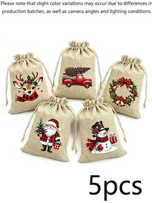 5pcs/1pc Christmas Linen Drawstring Gift Bags – Suitable For Christmas Parties, Christmas Tree Decorations, Themed Parties, Thanksgiving, New Year, Christmas Party Favors, Holiday Parties, And Festive Scene Decorations. - One Size Fits All - View 9