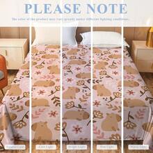 1pc Pink Capybara Floral Flannel Blanket, Light Pink Background With Cute Capybara And Minimalist Flower & Leaf Pattern, Gentle Healing Cartoon Ins Style Sofa Bedroom Home Decor Throw Blanket - Multicolor - View 6