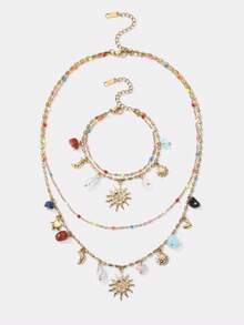 Kryxie 1pc 18K Gold Plated Stainless Steel Multi-Layer Colorful Necklace, Sun, Starfish, Heart Design Pendant, Titanium Steel Necklace - Multicolor - View 1