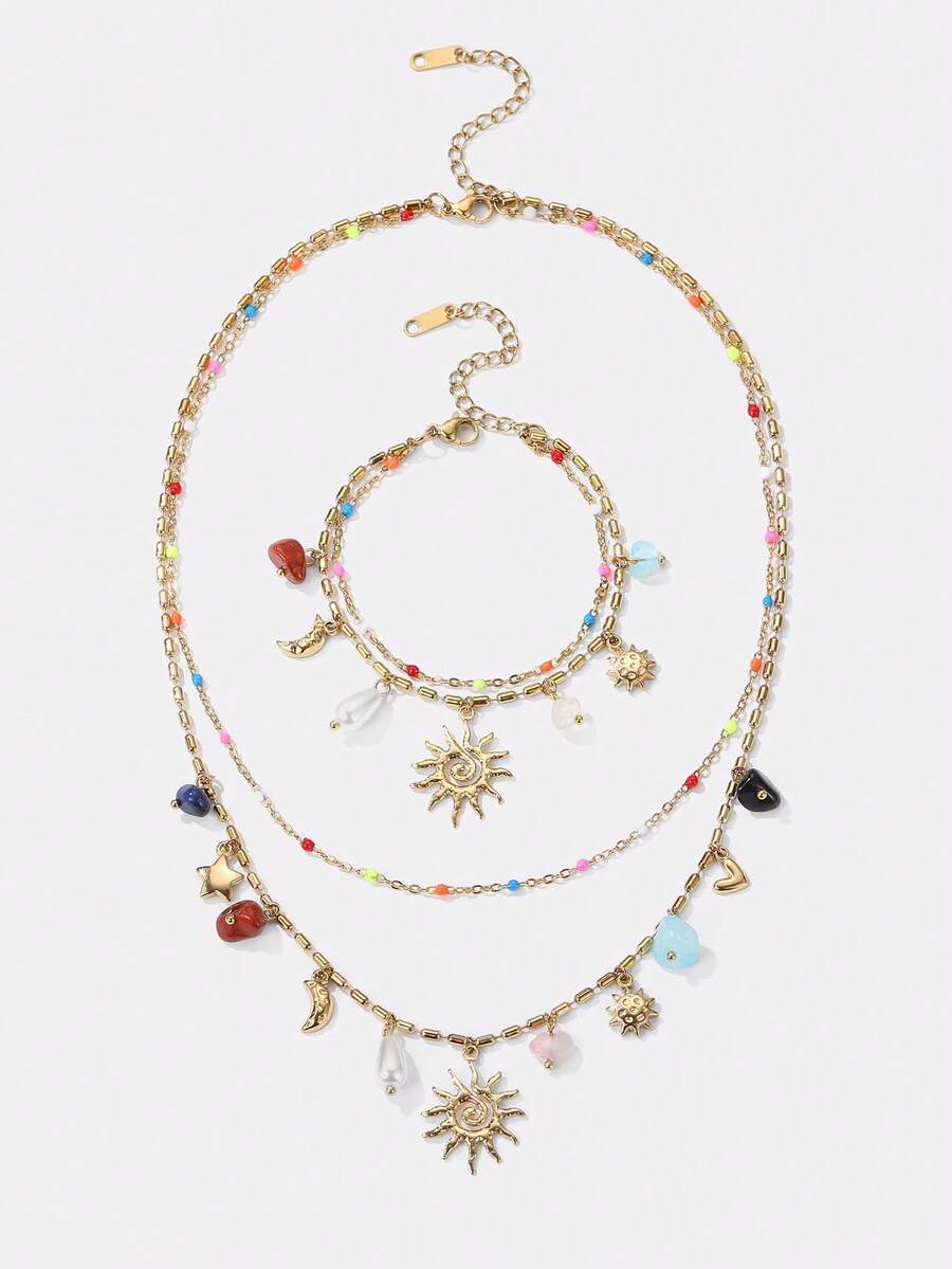 Kryxie 1pc 18K Gold Plated Stainless Steel Multi-Layer Colorful Necklace, Sun, Starfish, Heart Design Pendant, Titanium Steel Necklace - Multicolor - View 1