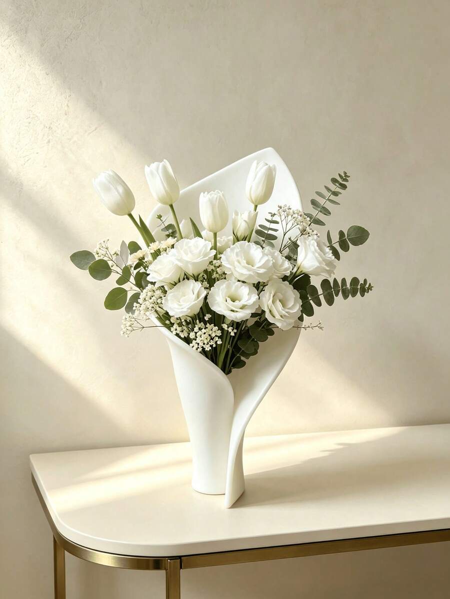 1/2pcs Abstract Fan-Shaped Lotus Leaf Vase, Streamlined Creative White Flower Holder Decor, Suitable For Tulip And Daisy Floral Arrangement, Living Room TV Cabinet Atmosphere Desktop Craft