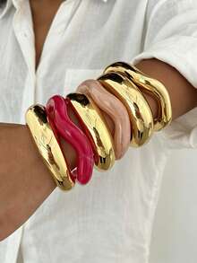 6/3/1pc Vintage Minimalist Wave-Shaped Acrylic And Resin Open Ring Bangle Set For Women, Suitable For Daily Wear, Stackable, Perfect Gift For Holidays - Multicolor - View 2