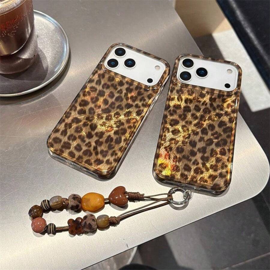 Y2K Retro Sweet Cool Leopard Print Heart Phone Case, Compatible With IPhone 17/17 Pro/17 Pro Max/16/15 Pro Max, With Lanyard, Full Coverage Dual Layer Shockproof Phone Protective Cover - Khaki - View 1
