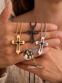 1pc Customized Photo Projection Necklace, Personalized Stainless Steel Cross Projection Necklace, Unisex Cross Projection Necklace, Custom Photo Projection, Couple Necklace, Customized Valentine's Day Gift, Unique Photo Gift For Girlfriend, Family, Friends - Cross Projection Necklace - View 3