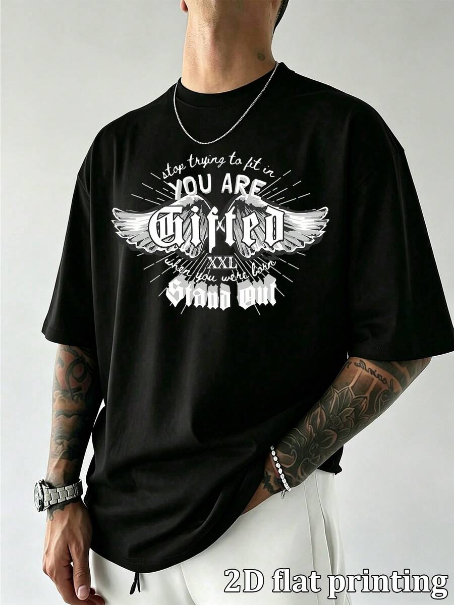 Men's Vintage Gothic Wing Letter Graphic Print Oversized Short Sleeve T-Shirt, Casual Loose Drop Shoulder Crew Neck Streetwear Tee, Comfortable Summer - Black - View 1