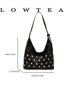 Low Tea 1pc Solid Color PU Leather Portable Magnetic Closure Women's Tote Bag With Metal Eyelet Decor Hobo Vegan Leather Top Handle Shoulder Bag And Handbag For Travel, Shopping, Dating, Women's Gift, Work, Business, Commuting - Black - View 3