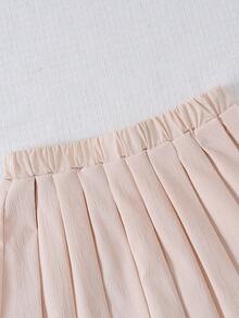 Girl's Back To School Contrast Color Round Neck Bow Pearl Button Long Sleeve Top And Pleated Skirt Set, Fashionable Elegant Party Gathering - Apricot - View 8