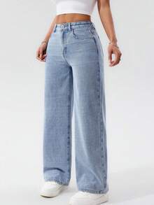 Calça Wide Leg Pantalona Marmorizada  Jeans Feminina Cintura Alta  Sem Laycra Levanta Bumbum PLUS Size Tam 36 ao 54 - Lavagem clara - Visão 4