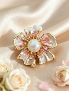 1Pc Sparkly Rhinestone Petal Flower Shape Pearl Inlaid Lapel Pin, Retro Chic Versatile Brooch, Jewelry For Ladies Daily & Gathering Wear - Floral Style B Pink - View 11