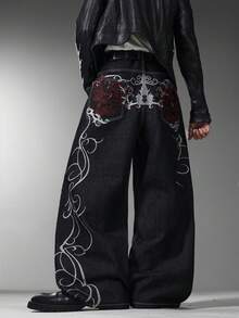 Men's HK Style Wide Leg Jeans, Retro Embroidery On Back, Casual Long Pants All Seasons (No Belt & Accessories, Decorative Non‑Functional Back Pockets) - Black - View 1