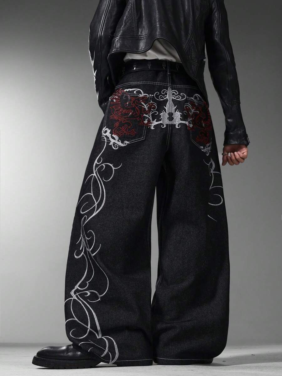 Men's HK Style Wide Leg Jeans, Retro Embroidery On Back, Casual Long Pants All Seasons (No Belt & Accessories, Decorative Non‑Functional Back Pockets) - Black - View 1