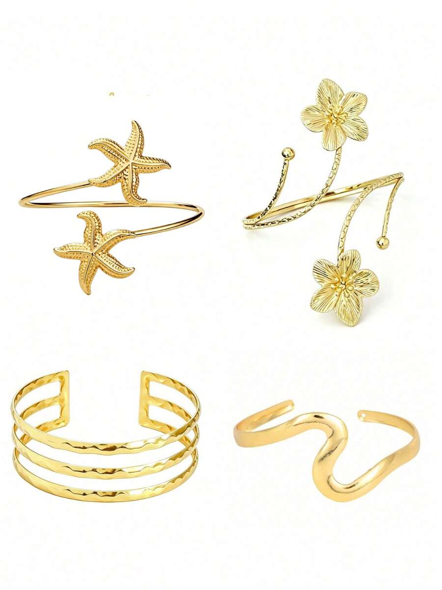 4pcs Women's Upper Arm Rings, Minimalist Style Arm Bracelets, Adjustable Coil Arm Rings - D006-2 - View 1