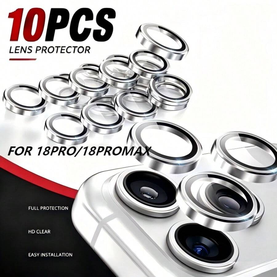 10PCS CD Texture Eagle Eye Lens Protector Film Compatible With Apple 17/17PRO/17PROMAX/17E/17AIR/18PRO/18PROMAX, Explosion-Proof Anti-Scratch Fashion Full Coverage Rear Camera Lens Protector Film, New Niche High-Transparency Full Coverage Camera Ring Protector Sticker - Silver - View 1