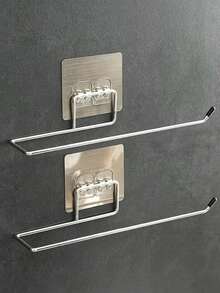 2 Sets (2 Brackets, 2 Adhesive Hooks) Easy-To-Install Stainless Steel Towel Racks - Self-Adhesive Wall-Mounted Paper Towel Holders, Kitchen Paper Roll Racks, Bathroom Toilet Paper Storage Racks, Towel Racks, Suitable For Kitchen And Bathroom Storage - A - View 12