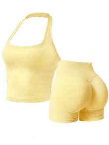 Allurini Women's Halter Neck Backless Yoga 2 Pieces Set Top, Tummy Control Fitness Workout Outfit Yellow Elegant Summer - Yellow - View 1