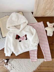 Baby Girl Plush Puppy Casual 2-Piece Set, Soft Coral Fleece Hooded Sweatshirt With Applique Bow Dachshund Puppy Design, Pink And White Vertical Ribbed Ribbed Elastic Waist Long Pants, Spring/Autumn Outdoor Outfit - Multicolor - View 1