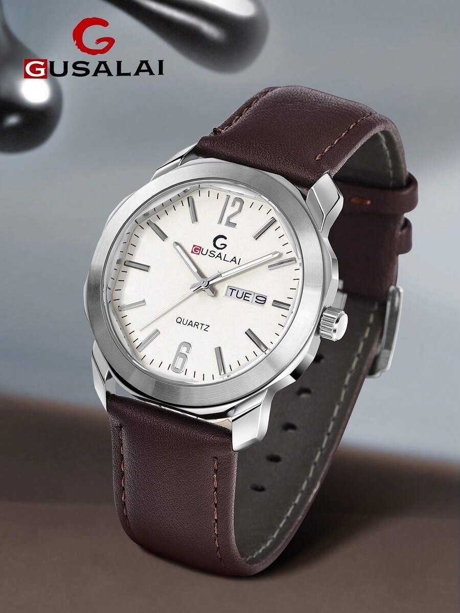 GUSALAI GUSALA 1pc Boxed Men's Niche Premium Minimalist Square Case Casual Business PU Leather Strap Watch, Suitable For Daily Wear, Holiday Gift, Christmas, Year-End - Brown - View 1
