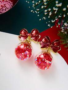 2pcs Christmas Bow Crystal Ball Girl Holiday Party Earrings - Red Bow - View 4