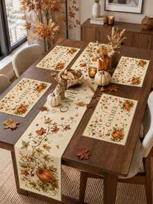 Plant Pumpkin Vine Patterned Table Flag Set, Minimalist Linen Rectangular Placemat Set For Home Use, Kitchen Table Protection Mat, Autumn Festival Party Table Accessories, Autumn Home Decoration Supplies. - Multicolor - View 1