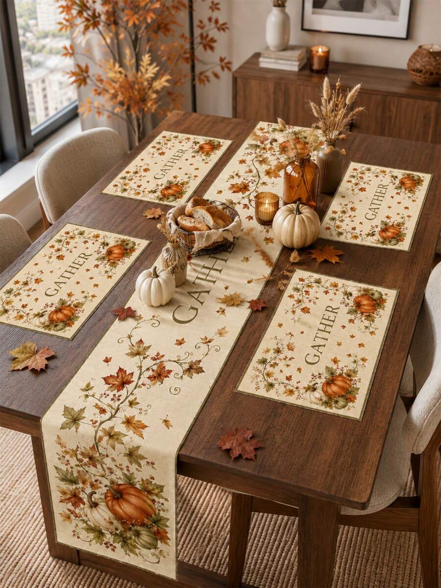 Plant Pumpkin Vine Patterned Table Flag Set, Minimalist Linen Rectangular Placemat Set For Home Use, Kitchen Table Protection Mat, Autumn Festival Party Table Accessories, Autumn Home Decoration Supplies. - Multicolor - View 1