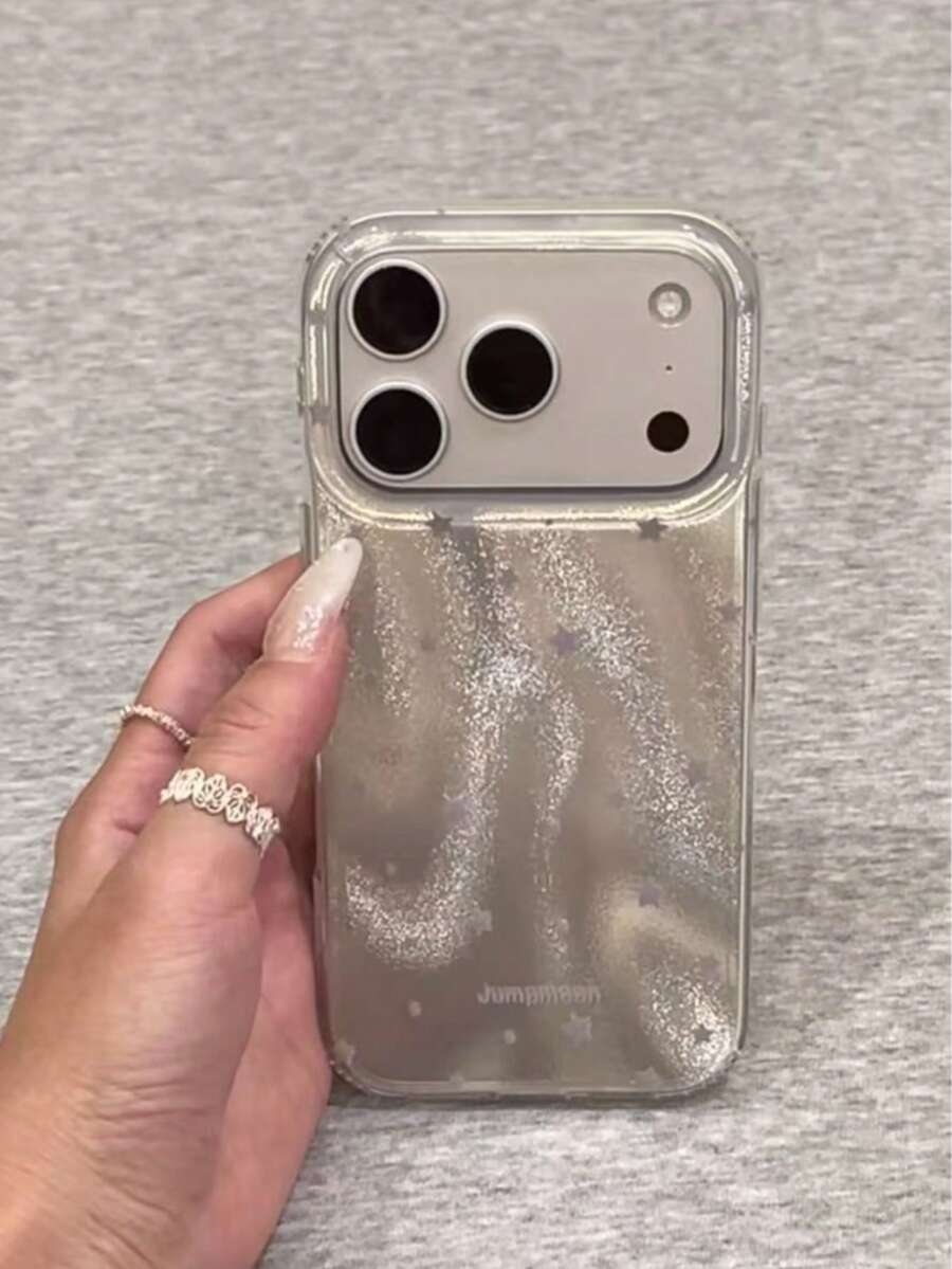 Ins Electroplated Silver English Star Design Phone Case Compatible With Apple 17 Pro Max, 16 Pro, 14 Pro Max, 15 Pro Max, 13, Minimalist Korean Style Silicone Shockproof Soft Shell For Women - Grey - View 1