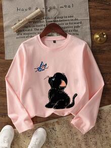 3pcs-Tween Girl Casual Fun Print Crew Neck Pullover Long Sleeve T-Shirt Autumn/Winter Top - Black - View 5