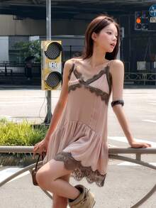 GMFP 女款夏秋休閒優雅時尚蕾絲拼接粉色派對細肩帶洋裝，世界盃、度假季、日穿搭 - 粉色 - 查看 7