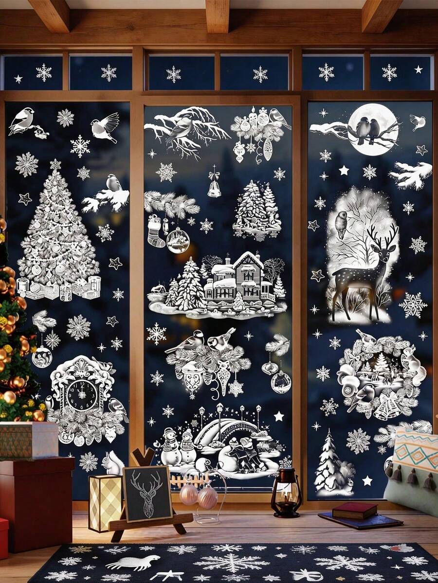 New 9pcs Christmas Window Stickers Set, Includes Clock, Snowman, Snow House, Christmas Tree And Decorative Glass Stickers, Suitable For Window Display, Patterns Include Snowman, Snowflake, Christmas Tree And Castle - Multi-color - View 1