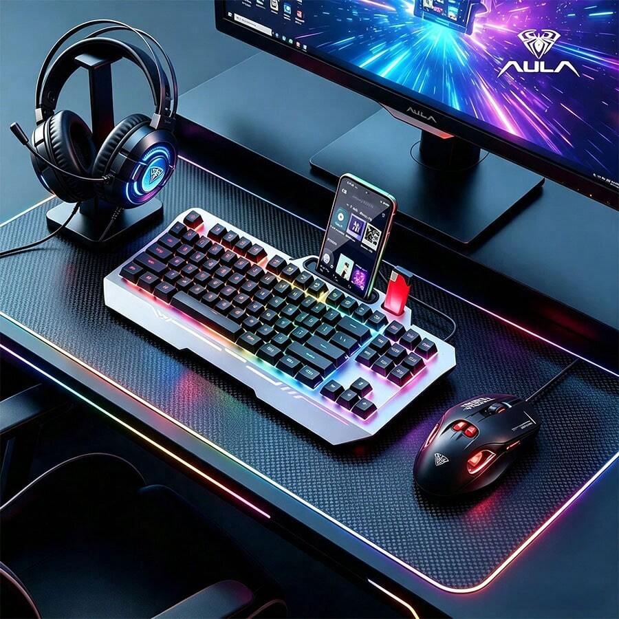 AULA Wired Anti-Ghosting Keyboard Mouse Headset Set 108-Key Computer Keyboard Suitable For PC Laptop Gaming Keyboard Mouse With RGB Lighting