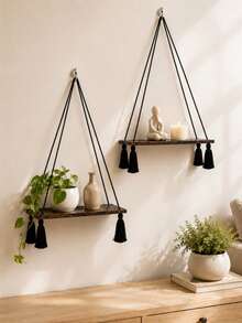1pc Floating Wall Shelf Bohemian Style Woven Wooden Bedroom Wall Storage Rack Home Decor Room Decoration Storage Shelf Bathroom Storage Rack Bedside Bookshelf Key Holder Wall Decor Shelf Plant Stand Flower Rack Suitable For Living Room Balcony Entryway And Corner - Single Layer - View 3