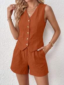 PRETTYGARDEN Women's Summer Clothes Tanktop 2 Piece Sets Outfits Sleeveless Matching  Button Down V Neck Vest Waistcoat And Pockets Going Out Short Sets Vacation - 磚紅色 - 查看 1
