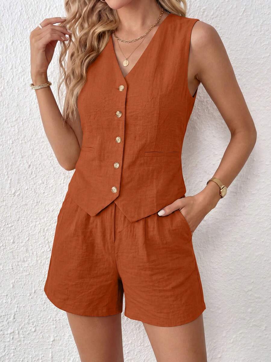 PRETTYGARDEN Women's Summer Clothes Tanktop 2 Piece Sets Outfits Sleeveless Matching Button Down V Neck Vest Waistcoat And Pockets Going Out Short Sets Vacation - 磚紅色 - 查看 1