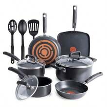 T-Fal Signature Nonstick Pots And Pans Set 12 Piece, Oven Broiler  350F, Kitchen Cookware Set W/Fry Pans, Saucepans, Saute Pan, Dutch Oven, Griddle, Kitchen, Home, Dishwasher , Black - View 1